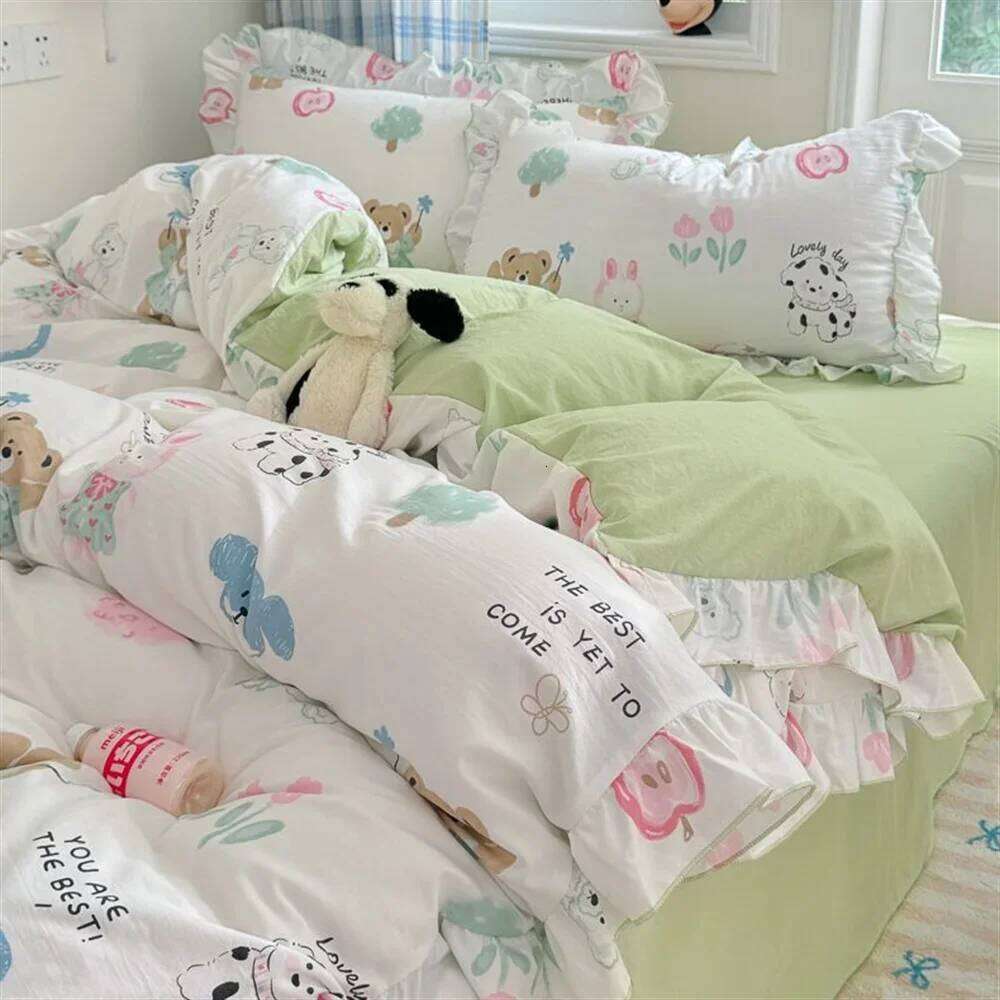 Y1 HomeIns Style Korean Princess Washed Cotton Four Fresh Lace Duvet Cover Set, Sheet Three Piece Set on the Bed Y260124