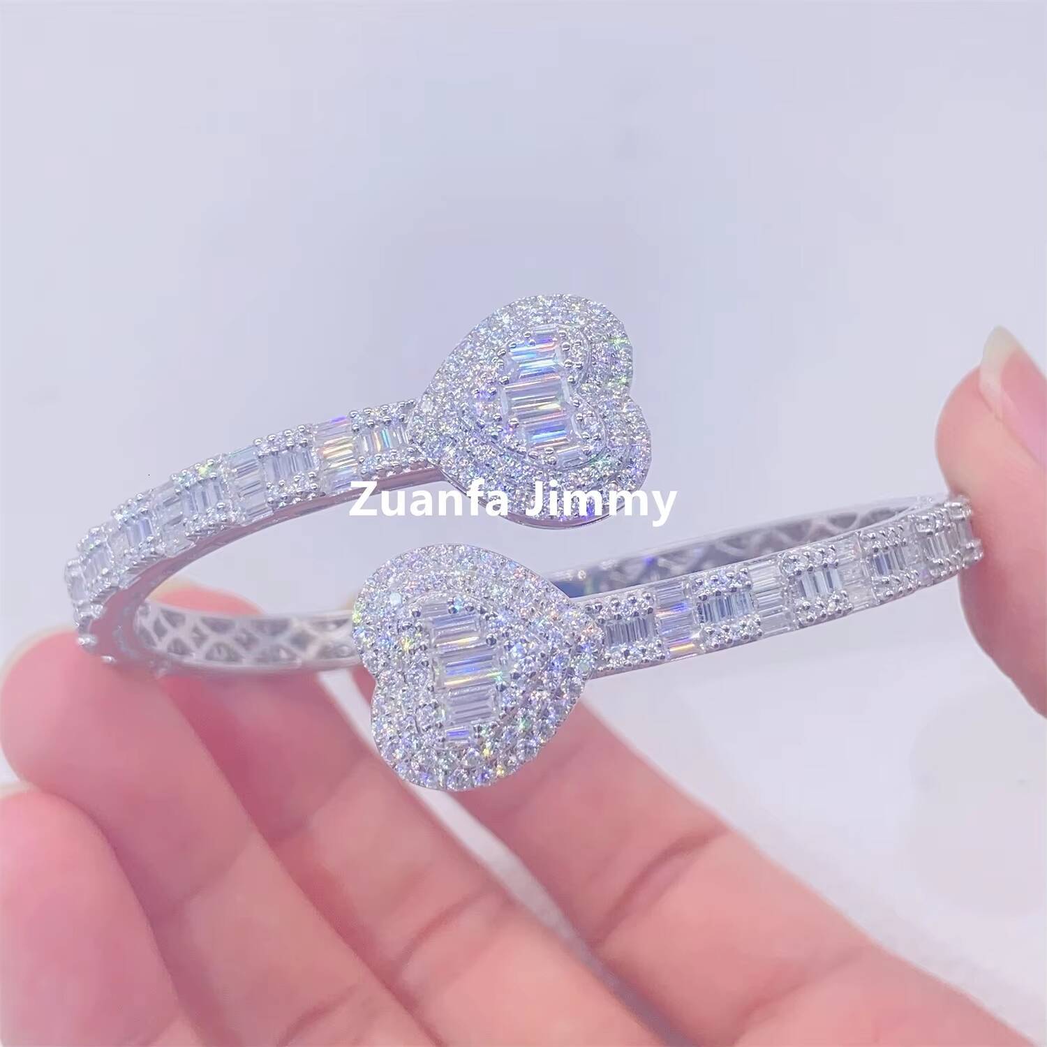 Pass Diamond Tester Moissanite Hip Hop Jewelry 925 Sterling Silver White Gold Plated Heart Baguette Moissanite Bangle Bracelet
