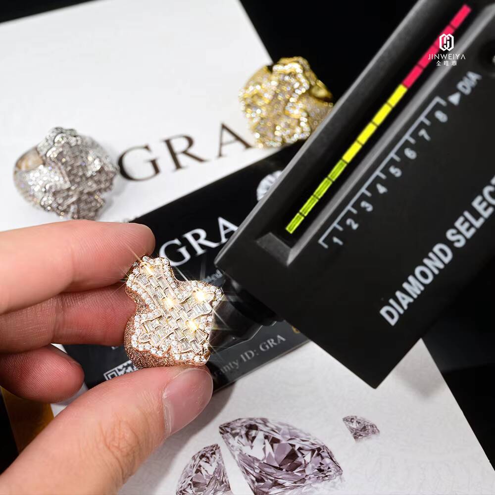 Luxury Heavy Ring Hiphop Rapper Pass Diamond Test 18k Gold Plated Brass VVS Baguette Moissanite Iced Out Cross Ring
