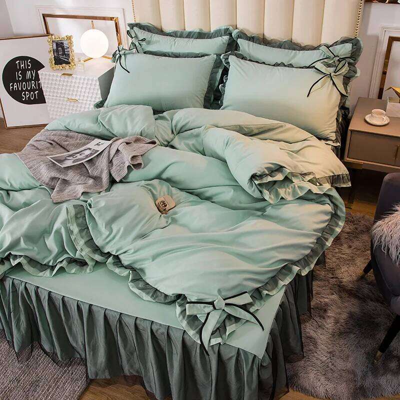 2024 new Korean version washed four-piece set solid color lace bed skirt bedding quilt cover kit Y260124