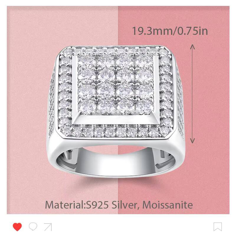 Fashion GRA VVS I Iced Out Square Moissanite S925 Silver Hip Hop Bling Statement Designer Ring