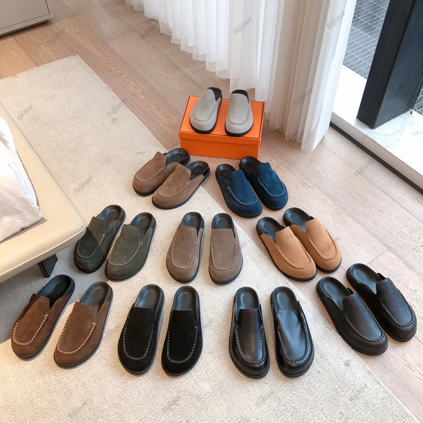 Designer Leather Loafers Men Women Slides Slippers Rubber Outsole Thick Sole Sandals Indoor Outdoor Mules