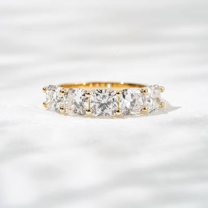 Starsgem 32ct 55mm Cushion Cut Lab Grown Diamond White/Yellow Gold Five Stone Classic Anniversary Band Ring