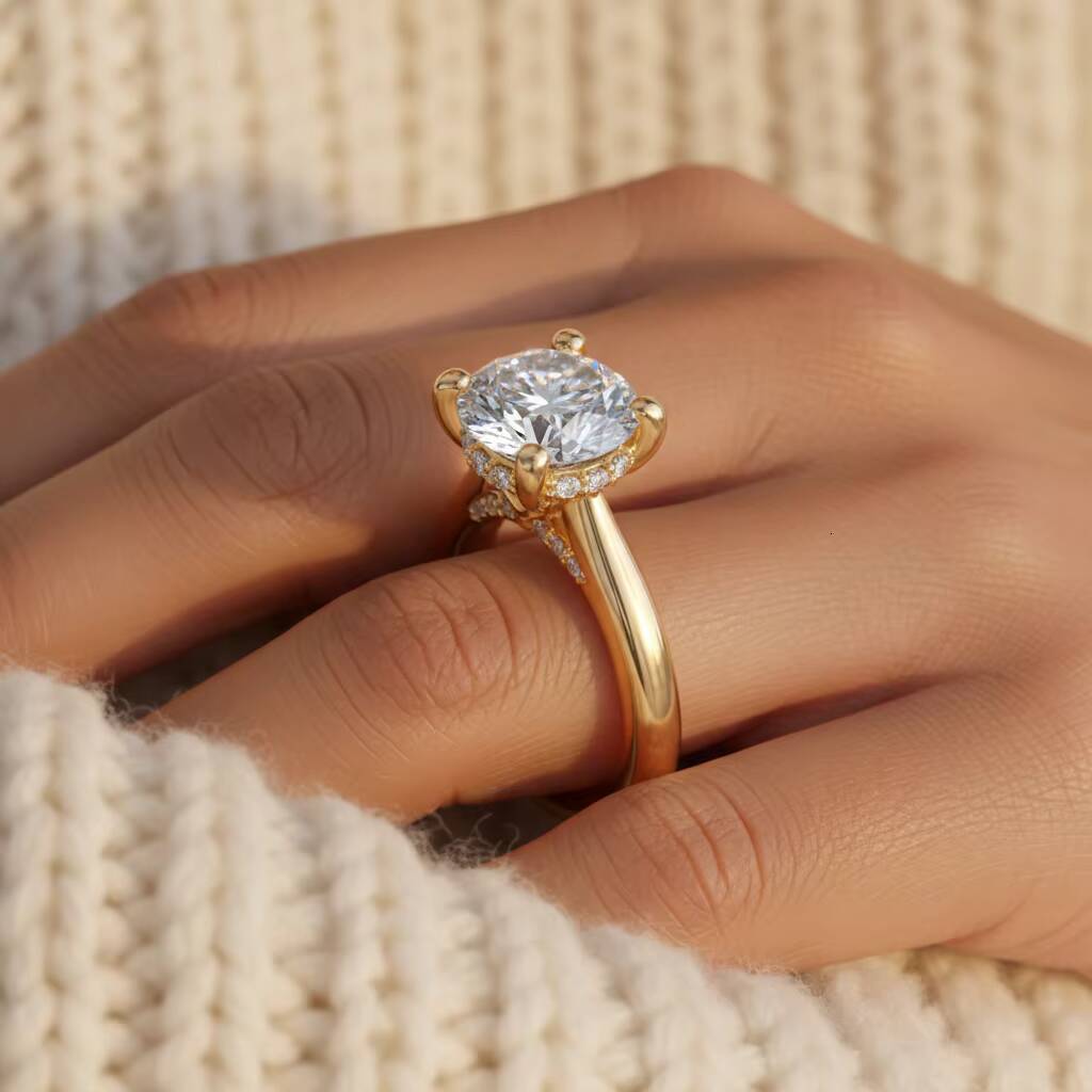 15ct Radiant Cut Lab Grown Diamond Engagement Ring with Hidden Halo Solitaire Setting 14k Gold Cut Whisper Thin