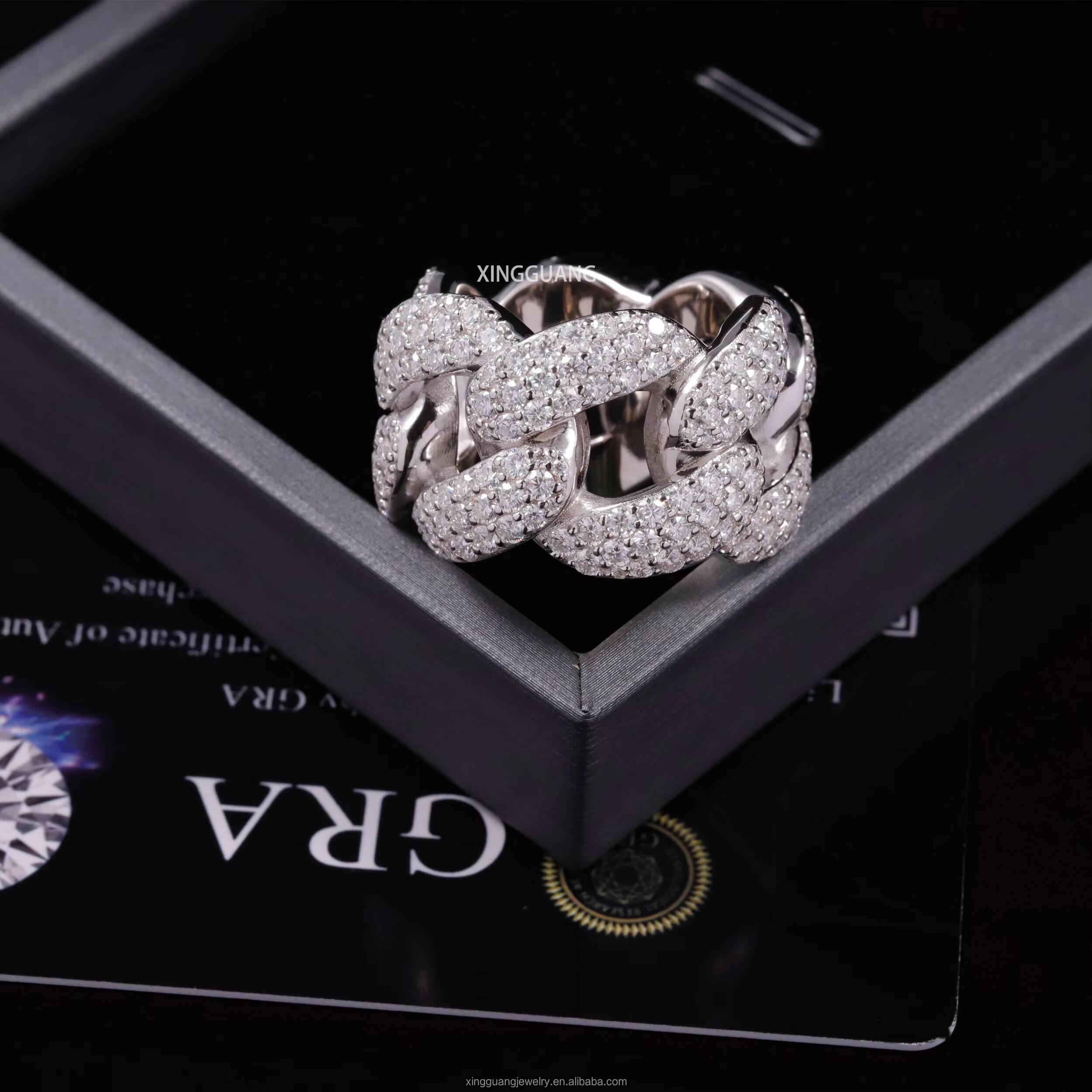 Hot Sale 3Rows Iced Out VVS Moissanite Diamonds White Gold Plated Cuban Link 925 Sterling Silver Cuban Rings Hip Hop Jewelry