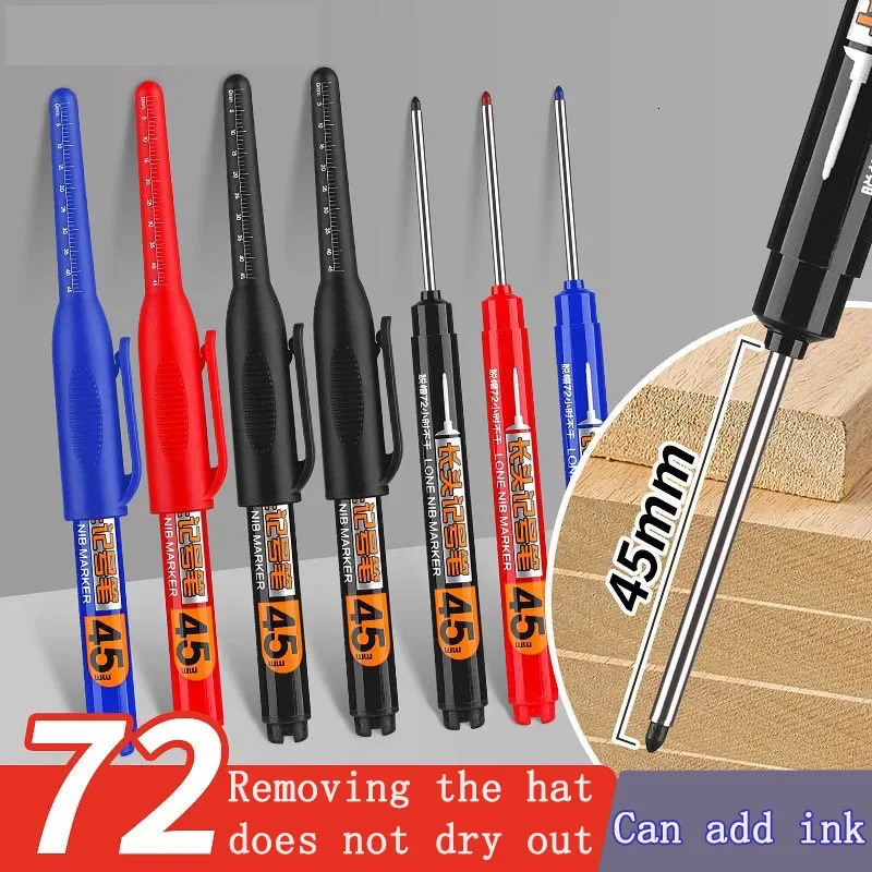 10PCS 45mm Tip Waterproof Long Head Marker Pen Quick-Dry Ink for Woodworking Construction Deep Hole Non-Toxic Black Red Blue 260120