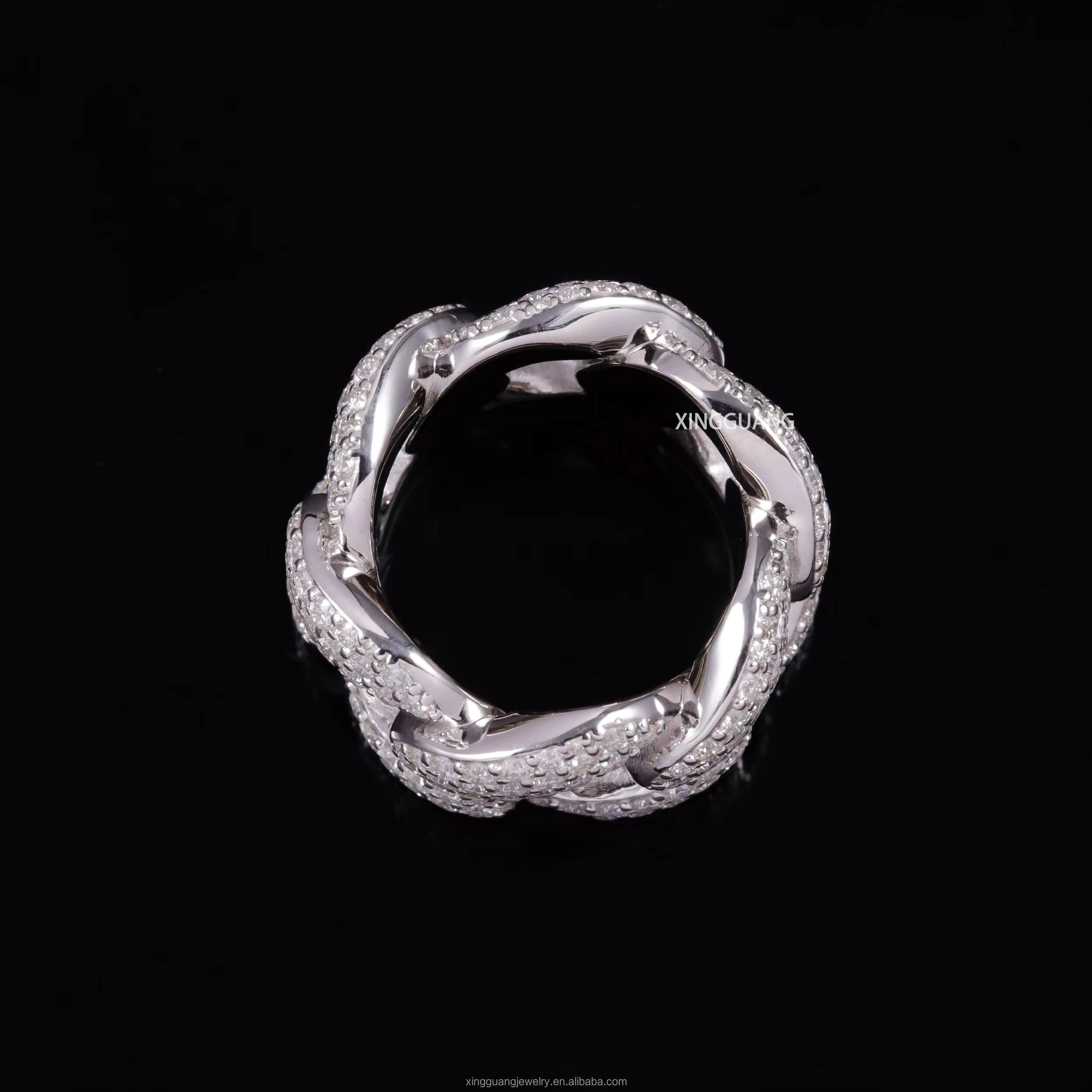 Hot Sale 3Rows Iced Out VVS Moissanite Diamonds White Gold Plated Cuban Link 925 Sterling Silver Cuban Rings Hip Hop Jewelry
