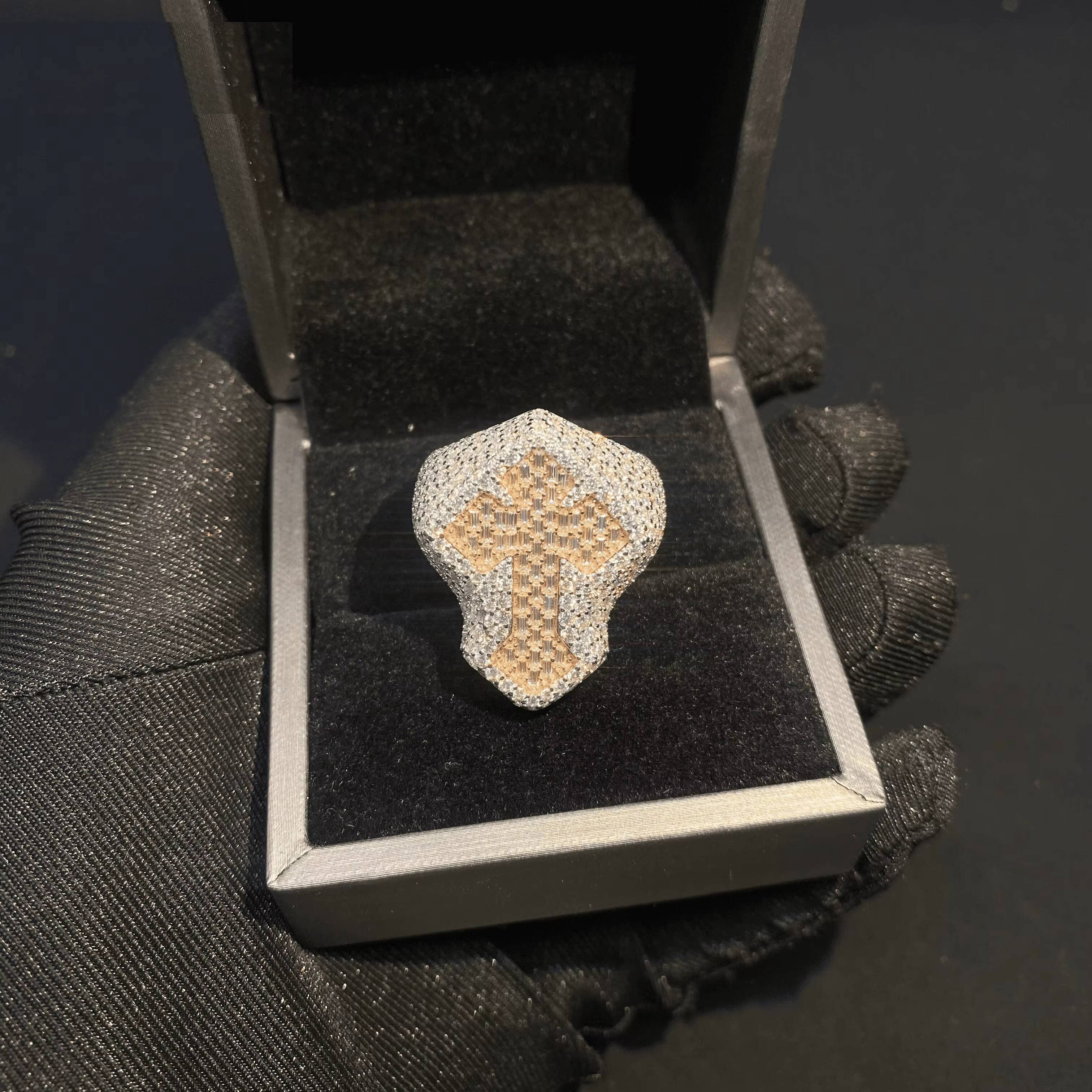 Hip hop moissanite iced cross ring lab grown diamond pav luxury bold statement unisex hip hop ring design
