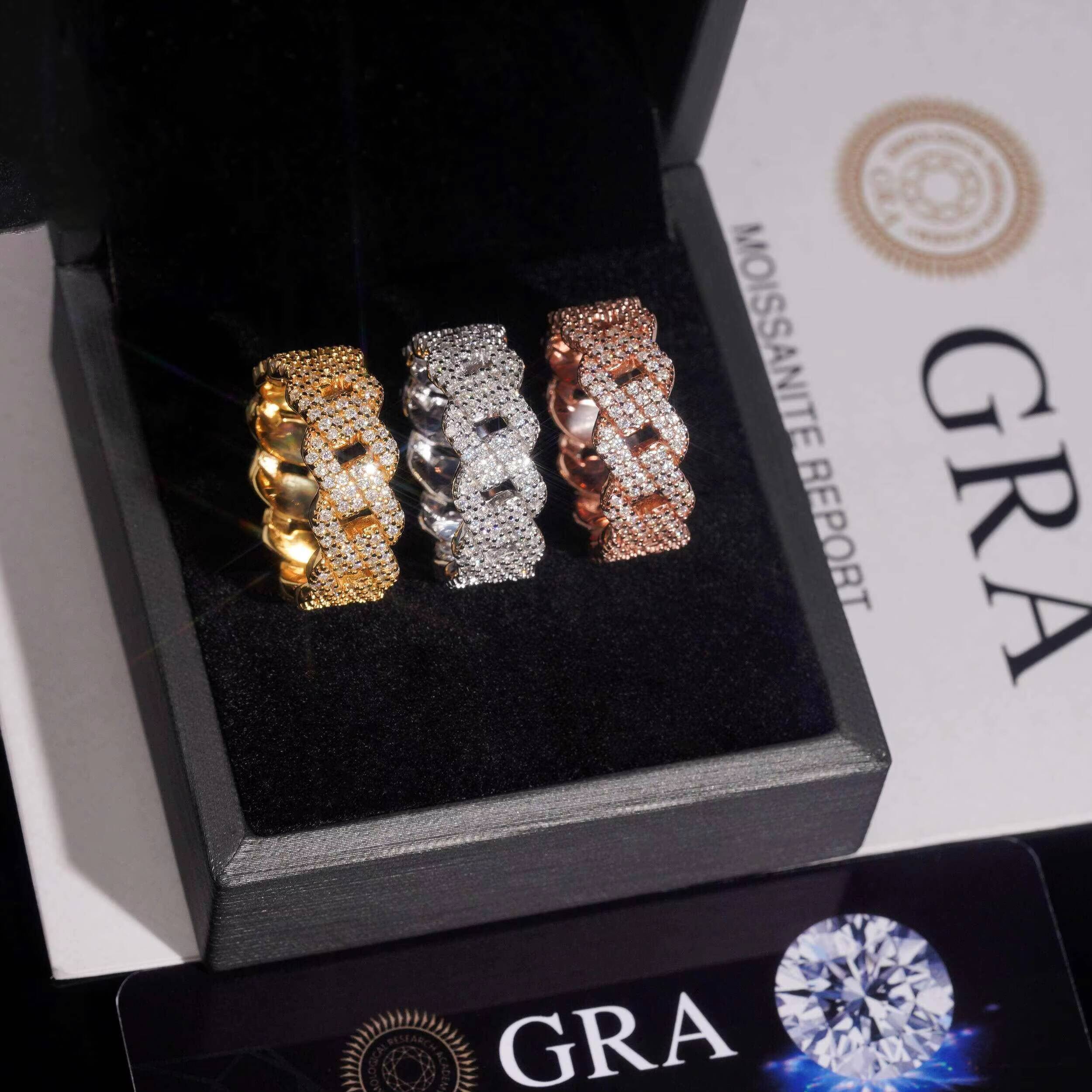 Hip Hop Men 925 Silver Platinum Plated Rose Gold Cuban Ring Iced Out VVS Moissanite GRA Certified Moissanite Jewelry