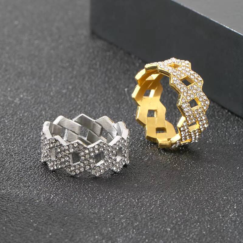 Fashionable 10mm Hip Hop Zircon Stainless Cuban Link Chain Ring Micro Inlaid Cz Jewelry Striking Moissanite Gemstone Steel Ring