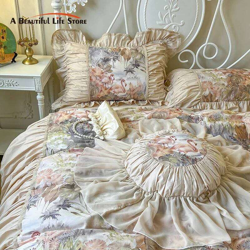 Pleat Ruffles French Vintage Flamingo Tropical Leaves Botanical Print Bedding Set Pure Cotton Duvet Cover Bed Skirt Pillowcases Y260124