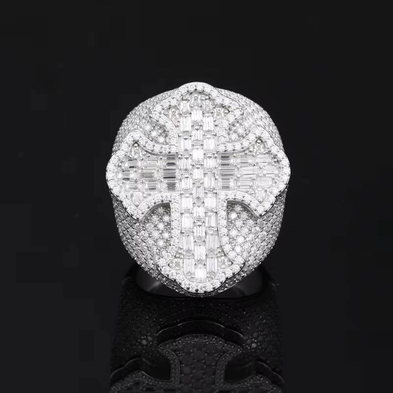 New Arrivals Micro VVS Baguette Moissanite Ring 925 Sterling Silver Hip Hop Rappers Cross Jewelry Bling Cross Ring for Man