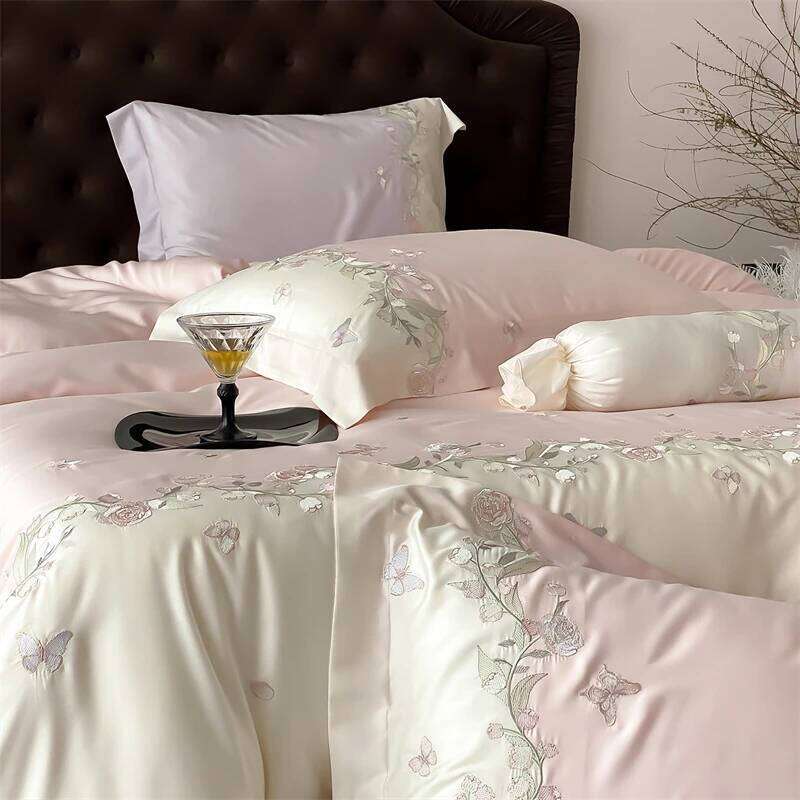 Lily of the valley Butterfly Embroidery Bedding Set 1000TC Egyptian Cotton Duvet Cover Flat/Fitted Bed Sheet Pillowcases 4Pcs Y260124