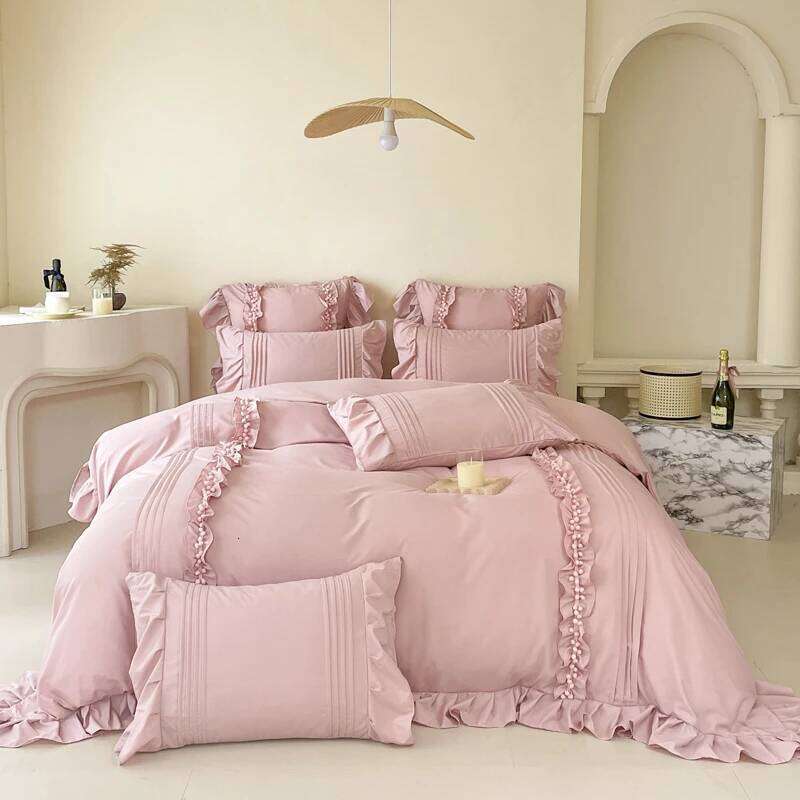 4Pcs Korean Princess Style Cotton 100% Bedding Set Duvet Cover 200x230 220x240 Solid Color Lace Bed Sheet pillowcases Y260124