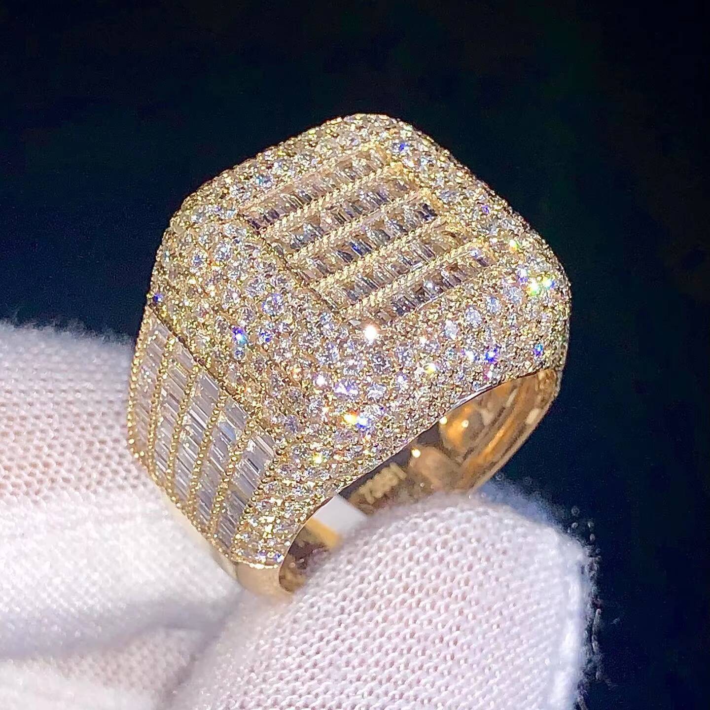 Ravishing New Mens Iced Out Hip Hop Ring in 14 Kt Yellow Gold Round and baguette Cut Lab Grown Diamond with Latest Pattern