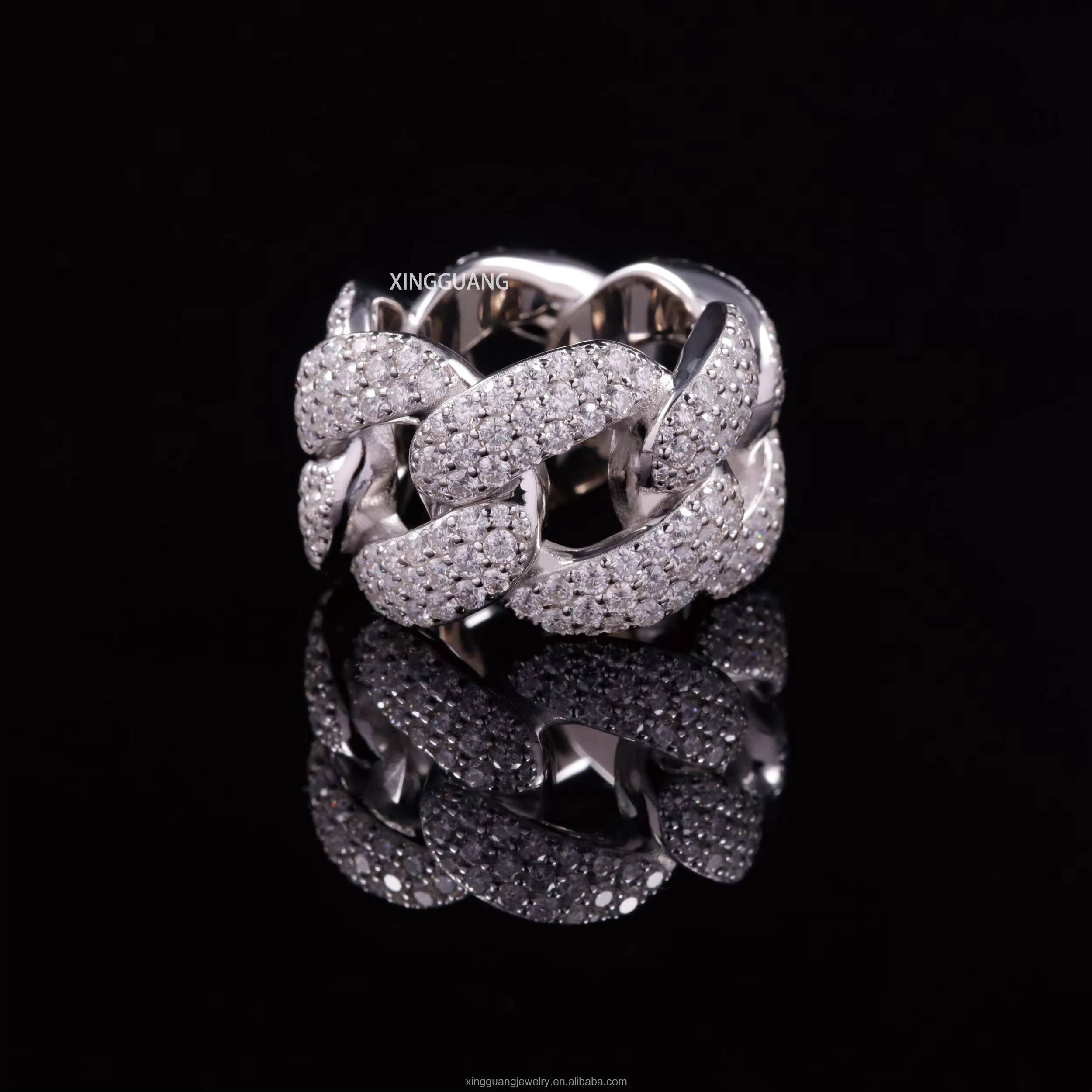 Hot Sale 3Rows Iced Out VVS Moissanite Diamonds White Gold Plated Cuban Link 925 Sterling Silver Cuban Rings Hip Hop Jewelry