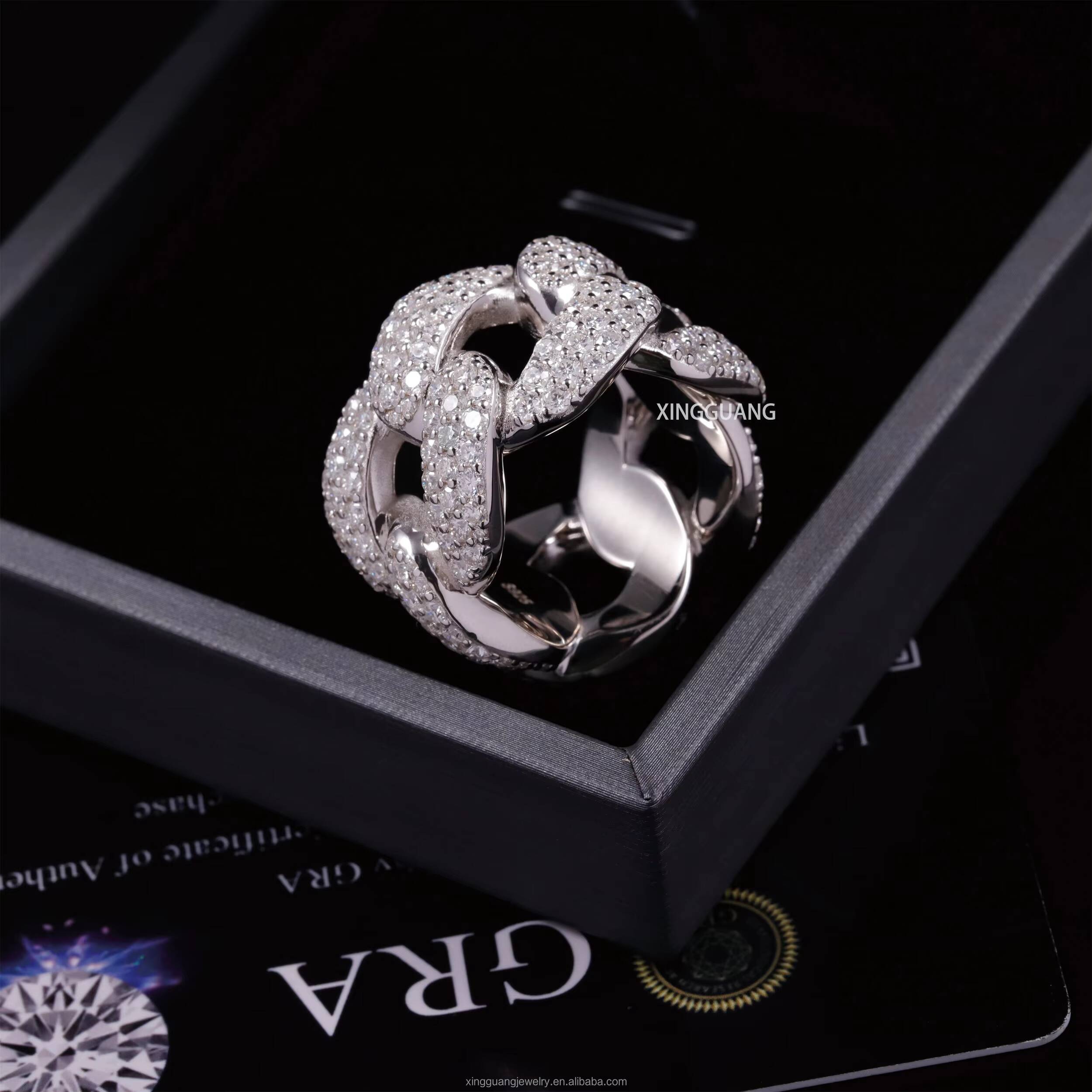 Hot Sale 3Rows Iced Out VVS Moissanite Diamonds White Gold Plated Cuban Link 925 Sterling Silver Cuban Rings Hip Hop Jewelry