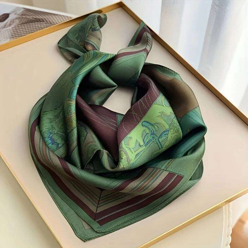 New Green Print Square Simulated Silk Thin Satin Neck Elegant Ladies Professional Decorative Small Scarf 26Y0126