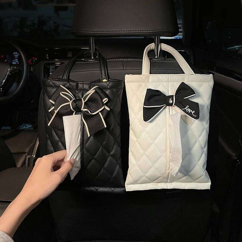 Leather Fashion Bowknot Boxes Cute Seat Back Tissue Organizer Car Decoration Auto Interior Storage Bag