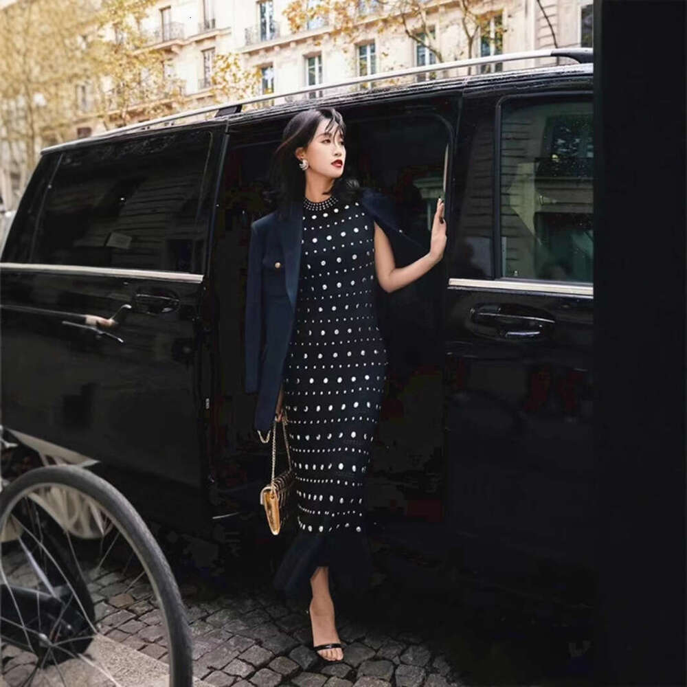 2026 autumn and winter new designer polka dot rivet ruffled sleeveless vest medium dress