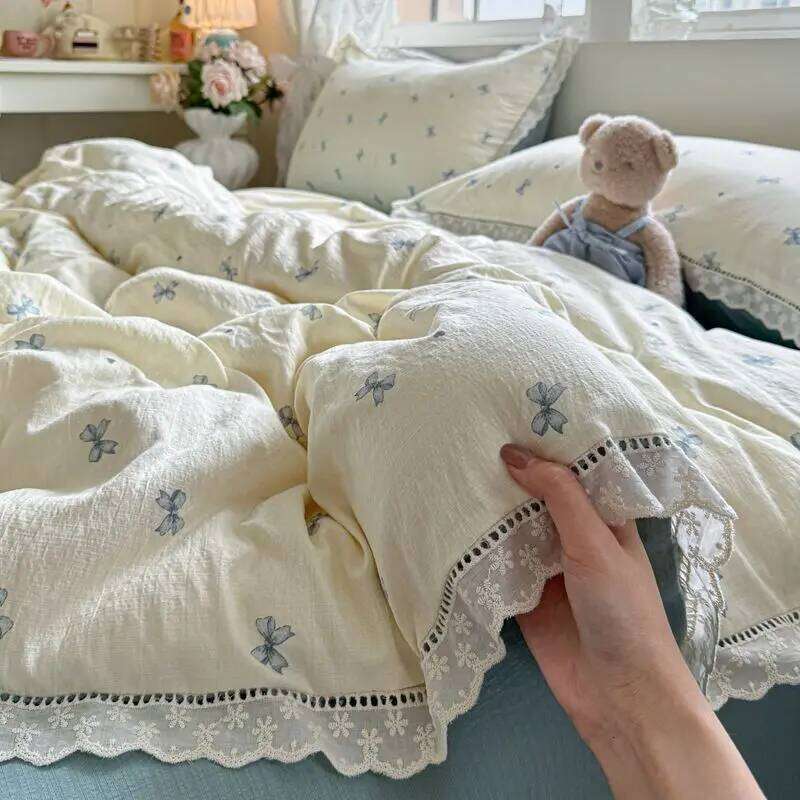 INS Korean Style Blue Bow Double Layer Gauze Four-Piece Simple Lace Edge Duvet Cover Bed Sheet Dormitory 3-Piece Set Y260124