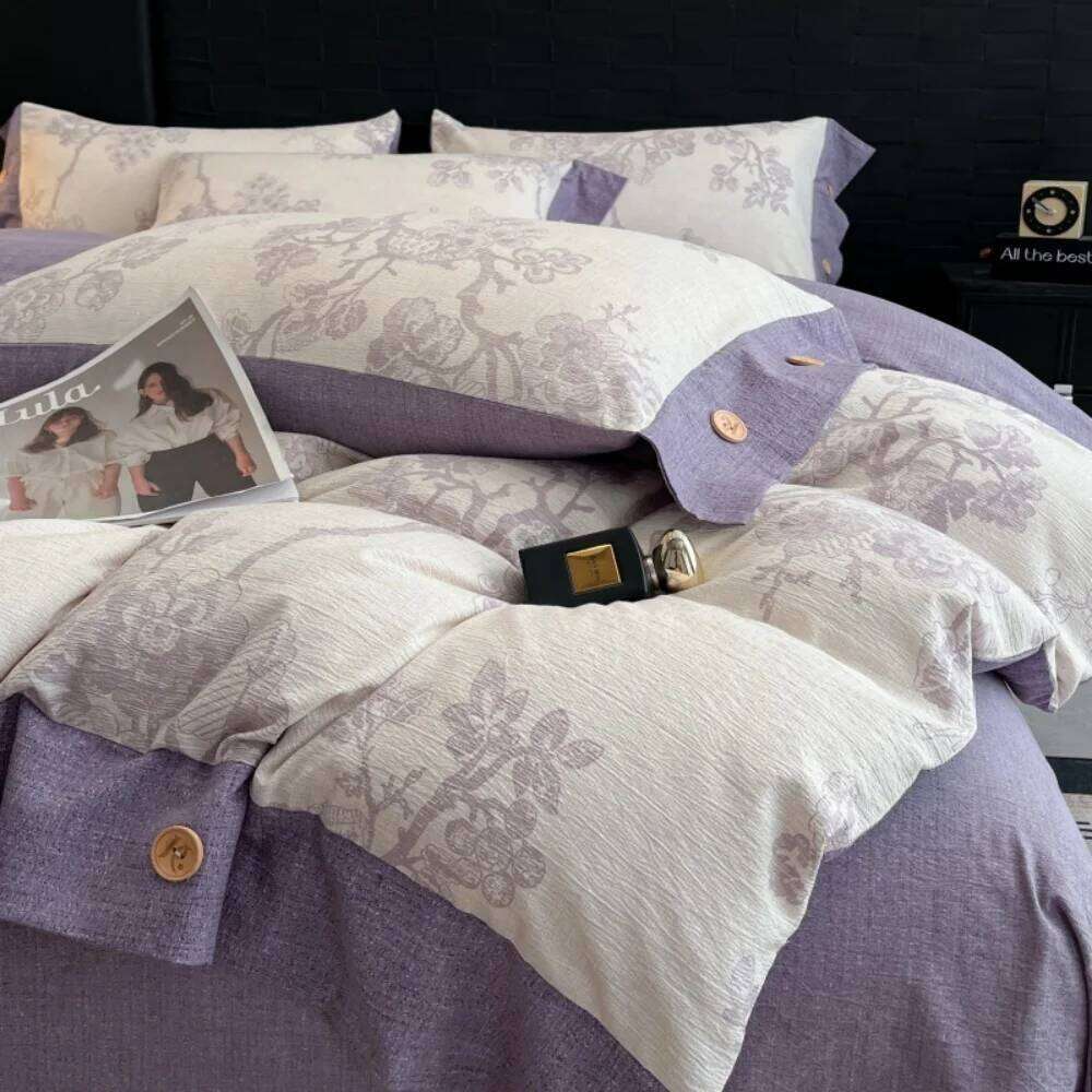 Plant Print Bedding Button Four Piece Set A-Class Linen Thicken Duvet Cover Bed Sheet Pillowcases Bedroom Decor Home Textile Y260124