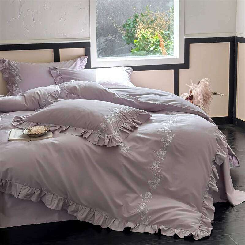 Flowers Embroidery Ruffles Purple Luxury Bedding Set 1000TC Egyptian Cotton Duvet Cover Flat/Fitted Bed Sheet Pillowcases 4Pcs Y260124