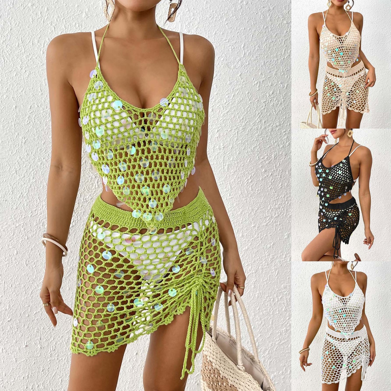 Womens vacation beach set womens sequined patchwork pure hand hook bikini two-piece cover up 240510wtt