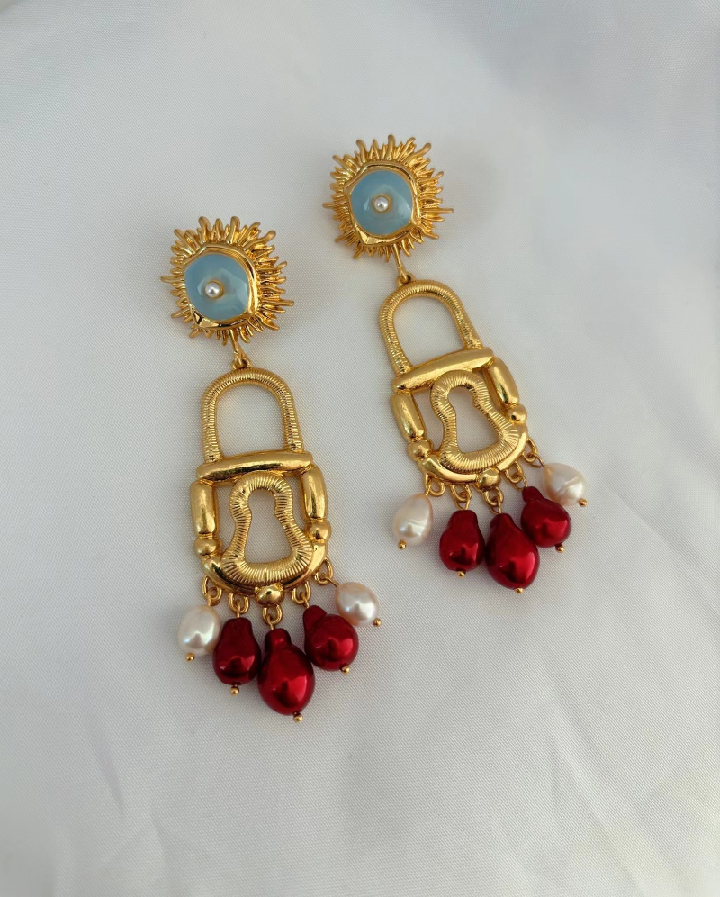 Designer Good quality Real 18K Gold Plated Brass Colorful Pearls Lock Stamp Stud Earrings Jewelry EH2285