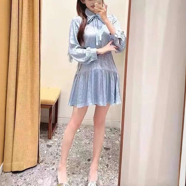 French elegance 2026 autumn new designer blue all rhinestone bow shirt collar dress