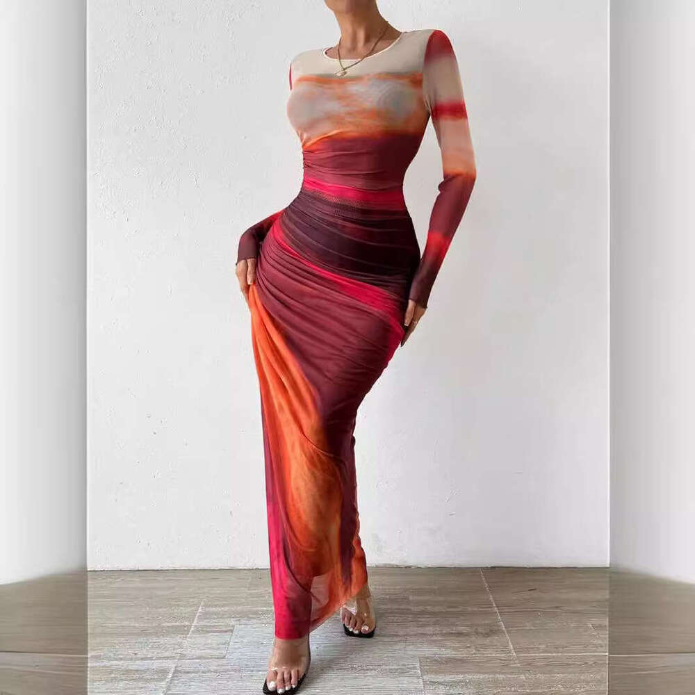 2026 Designer European and American Fashion Mesh Printed Ruffle Sexy Tight Round Neck Dress