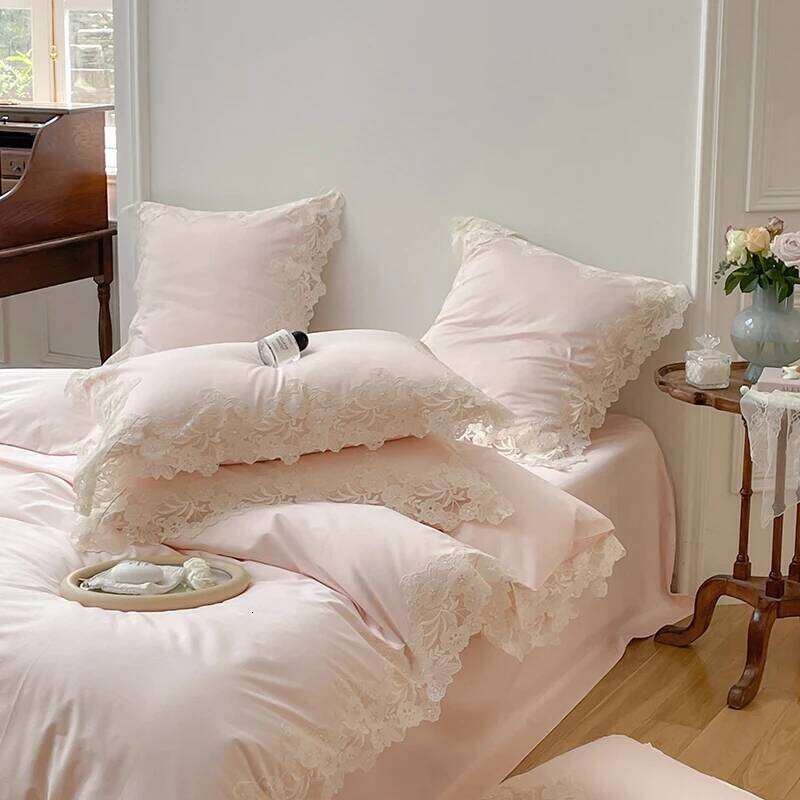 Light Pink Lace Embroidery Princess Bedding Set Luxury Egyptian Cotton Solid Color Quilt/Duvet Cover Bed Sheet Pillowcases Y260124