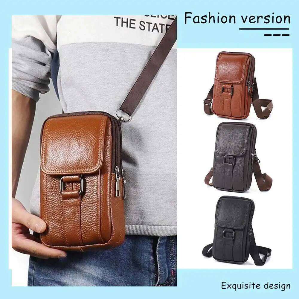 Portable Men Messenger Bags Cowhide Leather Belt Pouch Purse Fashion Simple Multi-pockets Casual for Outdoor Sport XJ260125