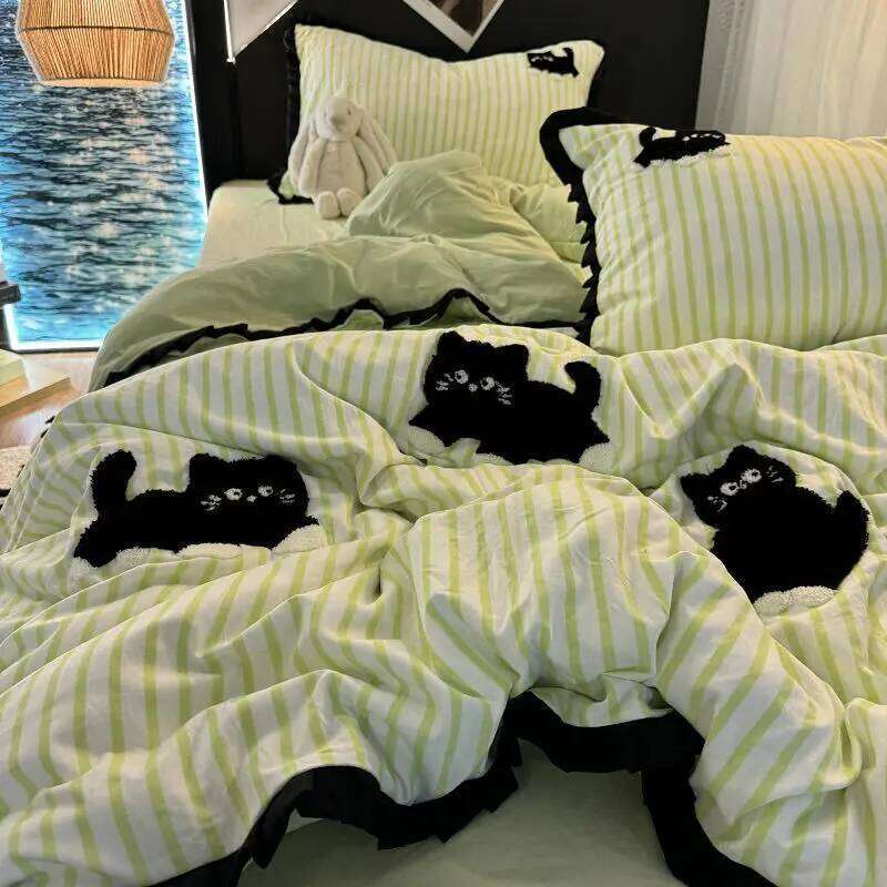 For Korean Style Bedding Green Strip Black Cat Embroidery Washed Cotton Duvet Cover Cute Cardboard Bed linen Comforter Set Y260124