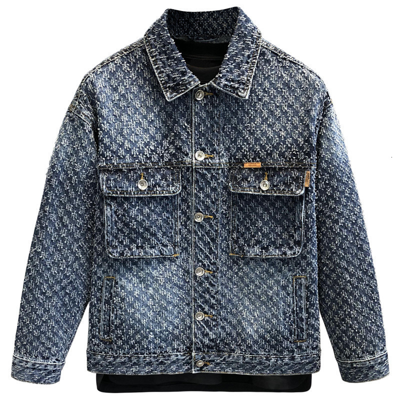 Men's PU Jacket, England Style Cat Paw Jacket with Cats, Blue/Grey Tie-Dye Textured Woven Coat - Long Sleeve Stand Collar, Covered Button, Pocket, Out - view 7