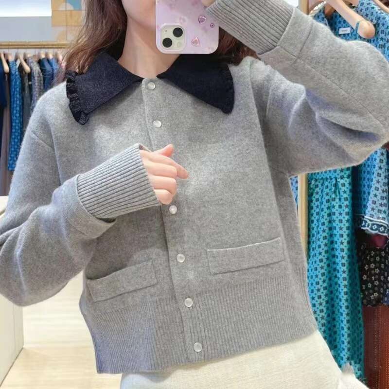 2026 Designer French Elegant Autumn New Short Collar Grey Knitted Cardigan Jacket
