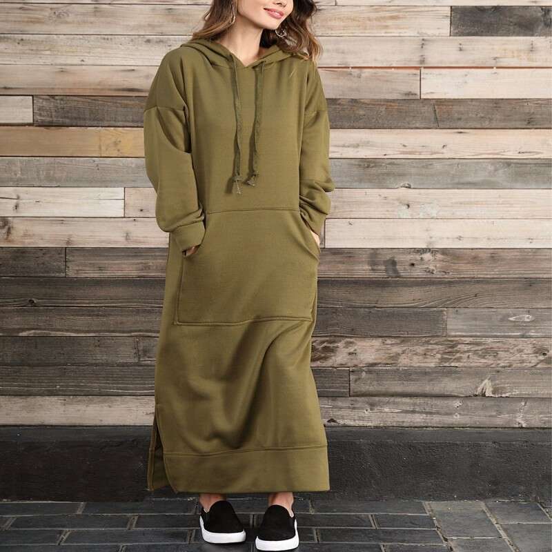 Autumn and winter new loose plus size knitted hooded long wool sweatshirt, casual and fashionable dress with large pockets