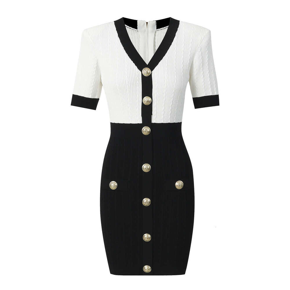 2026 Spring and Autumn New V-neck Single Row Metal Button Decoration Black and White Contrast Color Tight Knitted Dress