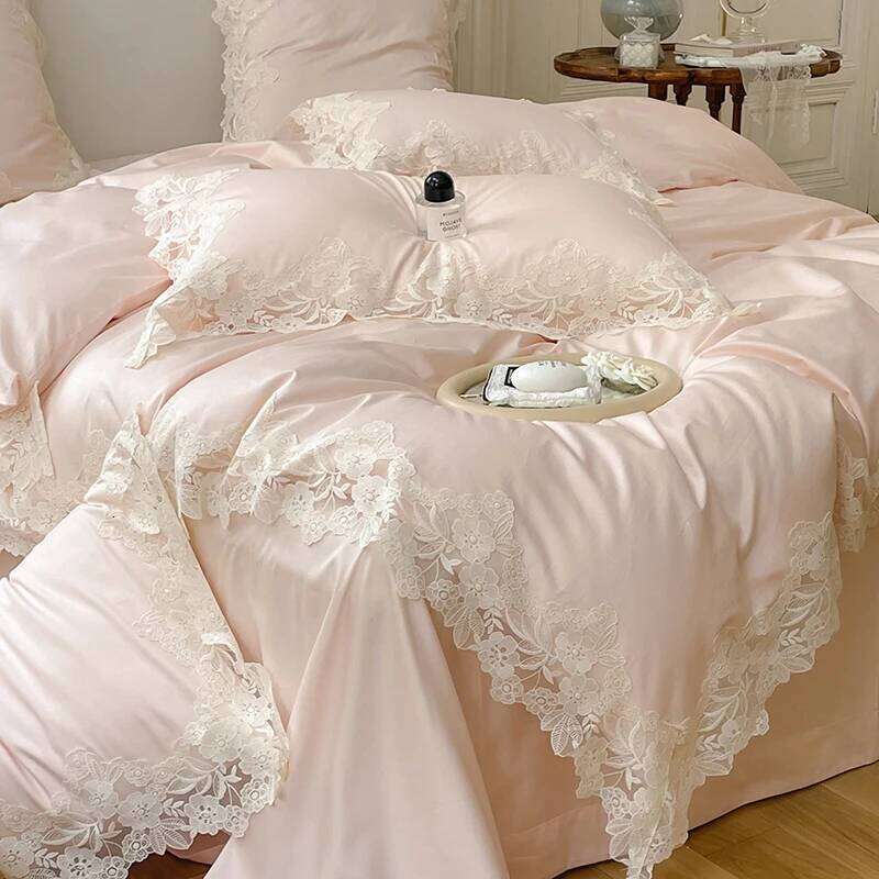 Light Pink Lace Embroidery Princess Bedding Set Luxury Egyptian Cotton Solid Color Quilt/Duvet Cover Bed Sheet Pillowcases Y260124