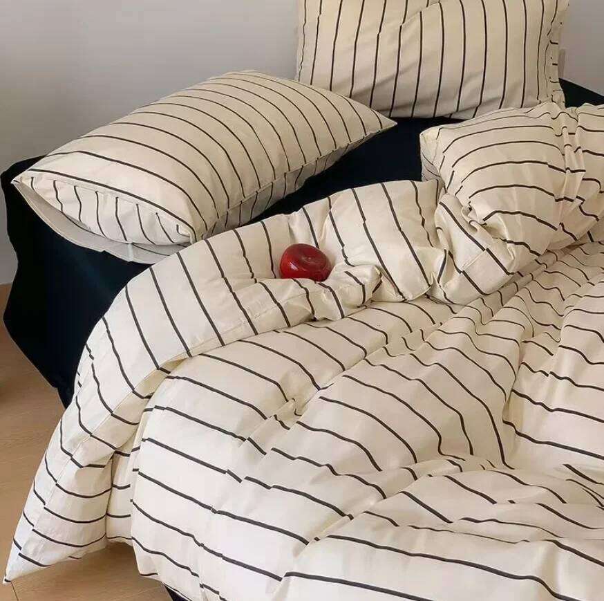 For Ins Dopamine Korean Striped Washed Cotton Four-piece Bedding Cream Style Bed Sheet Quilt Cover Three-piece Set Y260124