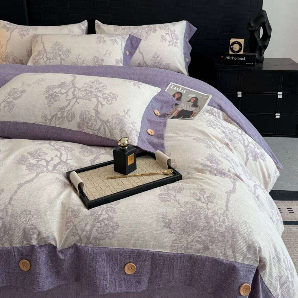 Plant Print Bedding Button Four Piece Set A-Class Linen Thicken Duvet Cover Bed Sheet Pillowcases Bedroom Decor Home Textile Y260124