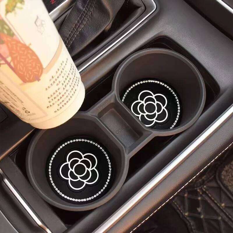 2Pcs camellia Auto Holder Coasters Silicone Anti-Slip Bling Crystal Drink Car Cup Mat