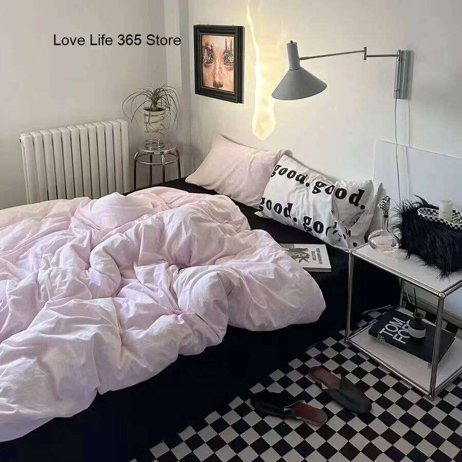 INS Pink Solid Color Bedding Set Girls Boys Single Double Size Flat Sheet Duvet Cover Pillowcase Bed Linens Home Textile Y260124