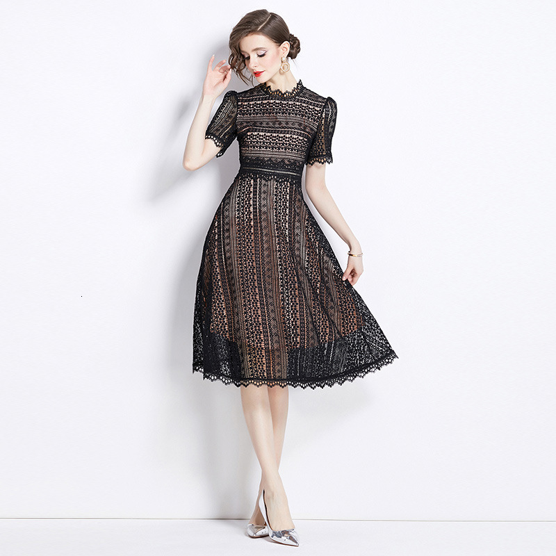 Light Fashion Slimming Hollow WaterSoluble Lace MidLength Dress 210522