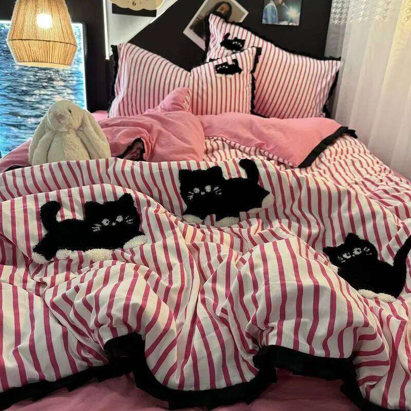 For Korean Style Bedding Green Strip Black Cat Embroidery Washed Cotton Duvet Cover Cute Cardboard Bed linen Comforter Set Y260124