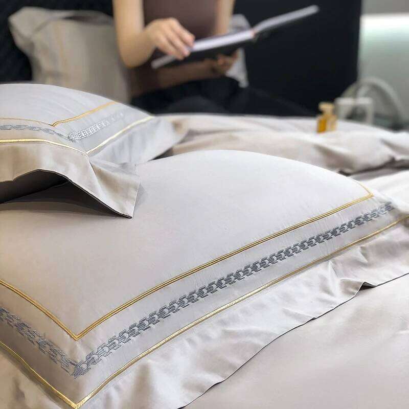 Grey Egyptian Cotton Bedding Set Luxury Golden Stripe Embroidery Duvet Cover Sets Fitted Bed Sheet Pillowcases Home Textile Y260124