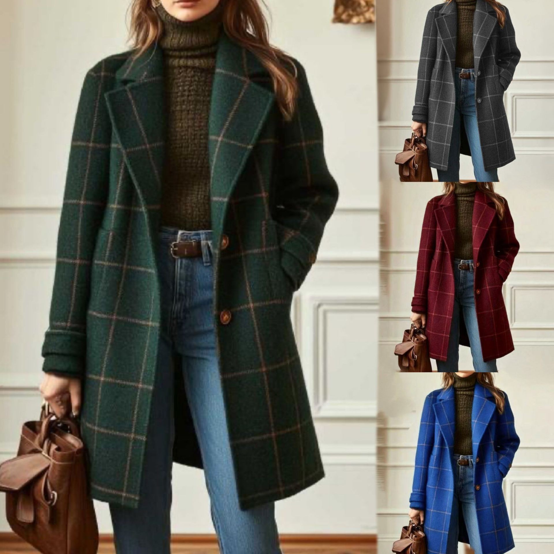 Autumn Winter New Women Wool Plaid Jacket Vintage Mid Length Lapel Coat Classic Double Breasted Trench Female Warm Coats 240830