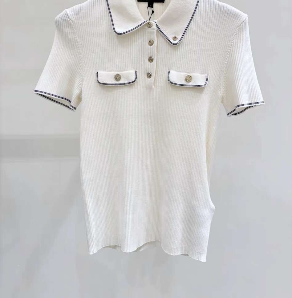 2026 Summer New French Elegant Casual Collar Color blocked Slim Knitted Short Sleeve Top for Women