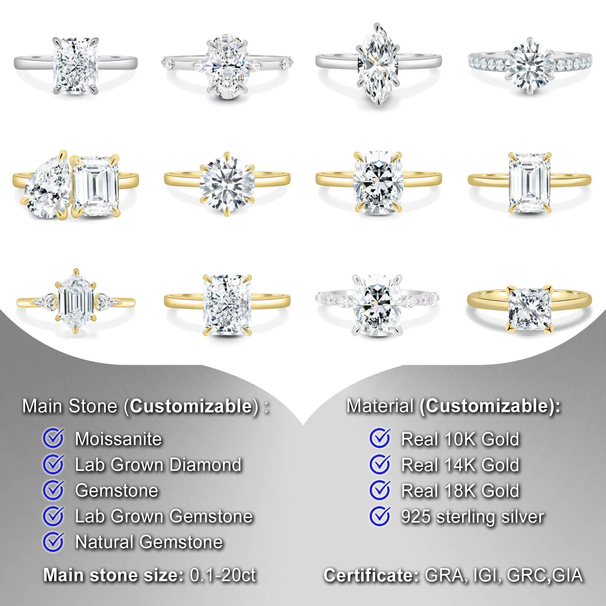 Customized 14K 18K Radiant Cut Wedding Diamond Engagement Rings IGI D VS1 VVS1 VVS2 CVD Lab 1CT 2CT 3CT Jewelry