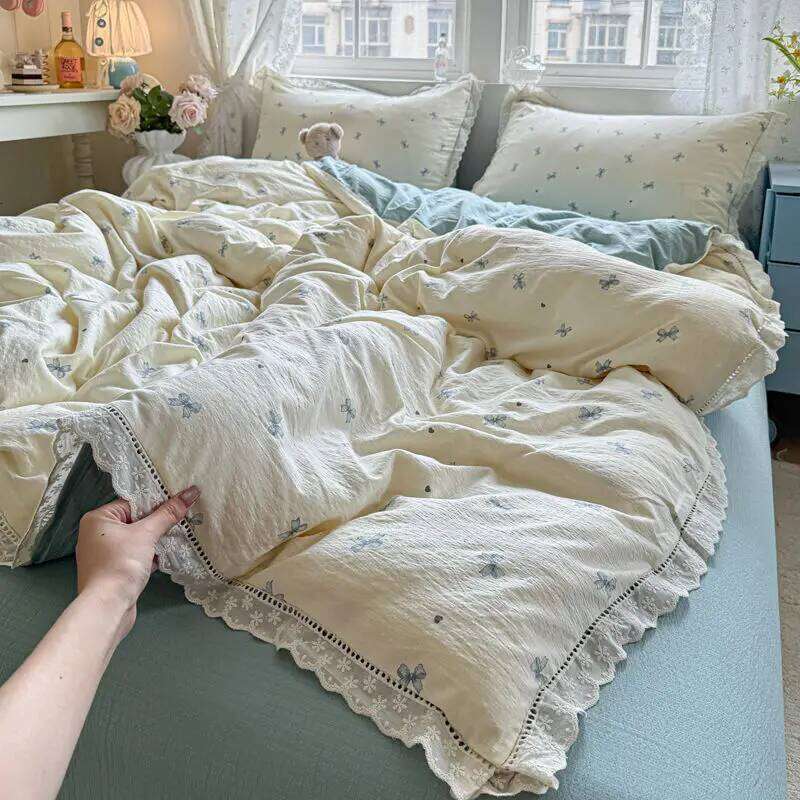 INS Korean Style Blue Bow Double Layer Gauze Four-Piece Simple Lace Edge Duvet Cover Bed Sheet Dormitory 3-Piece Set Y260124